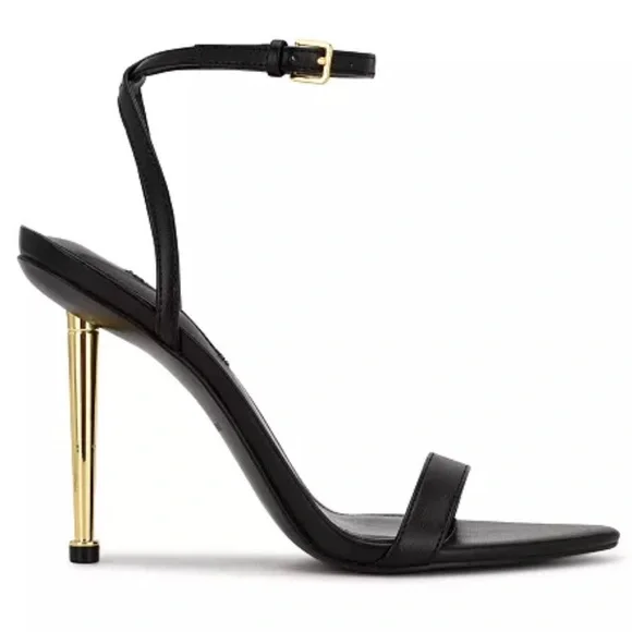 Nine West Reina Black and Gold Women's Stiletto Sandals - Picture 2 of 11